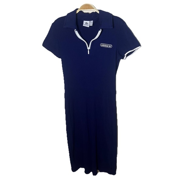 Adidas Womens Ribbed Midi Short Sleeve Polo Golf Dress Navy Zip Cotton Sz M - Picture 1 of 11